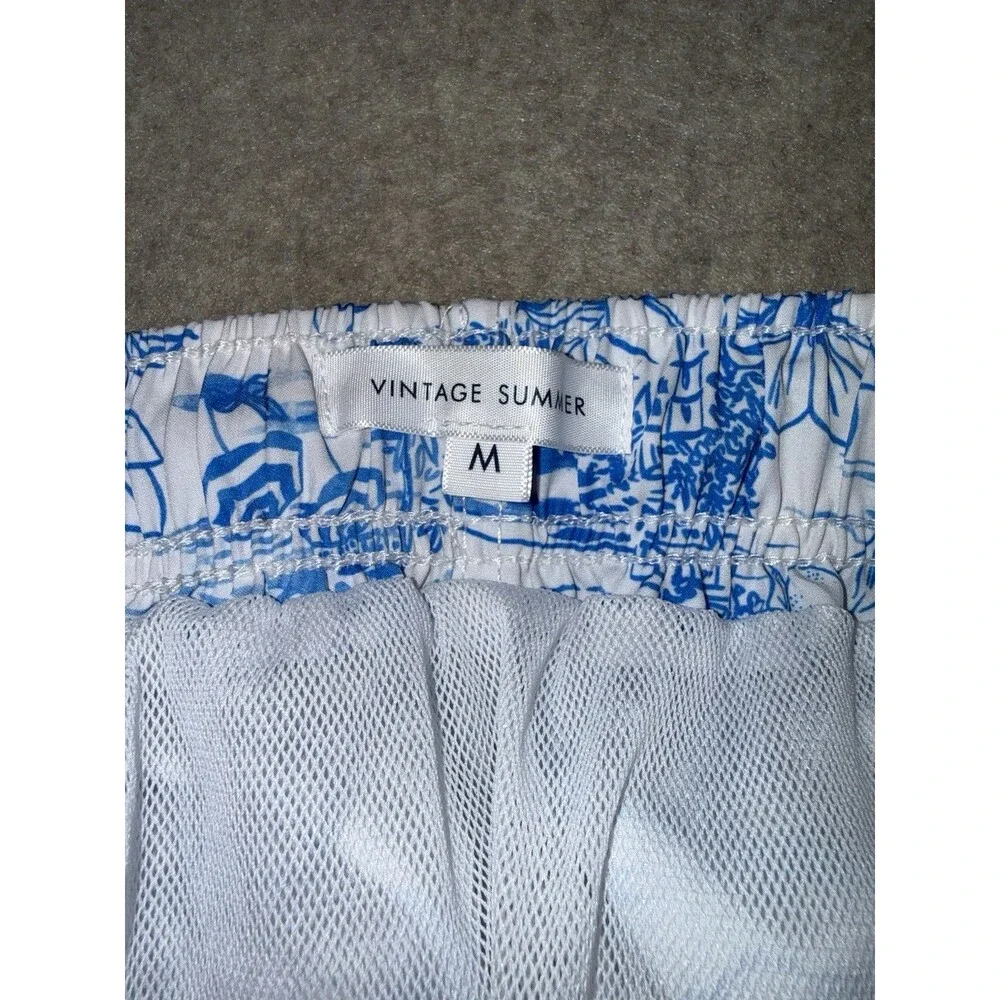 Vintage Summer Men’s Size Medium Swim Trunks Pockets Liner White/Blue Graphic